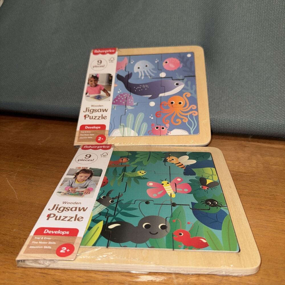 Fisher Price Wooden Jigsaw Puzzle Jungle Sea Pals Bundle 2 Puzzles